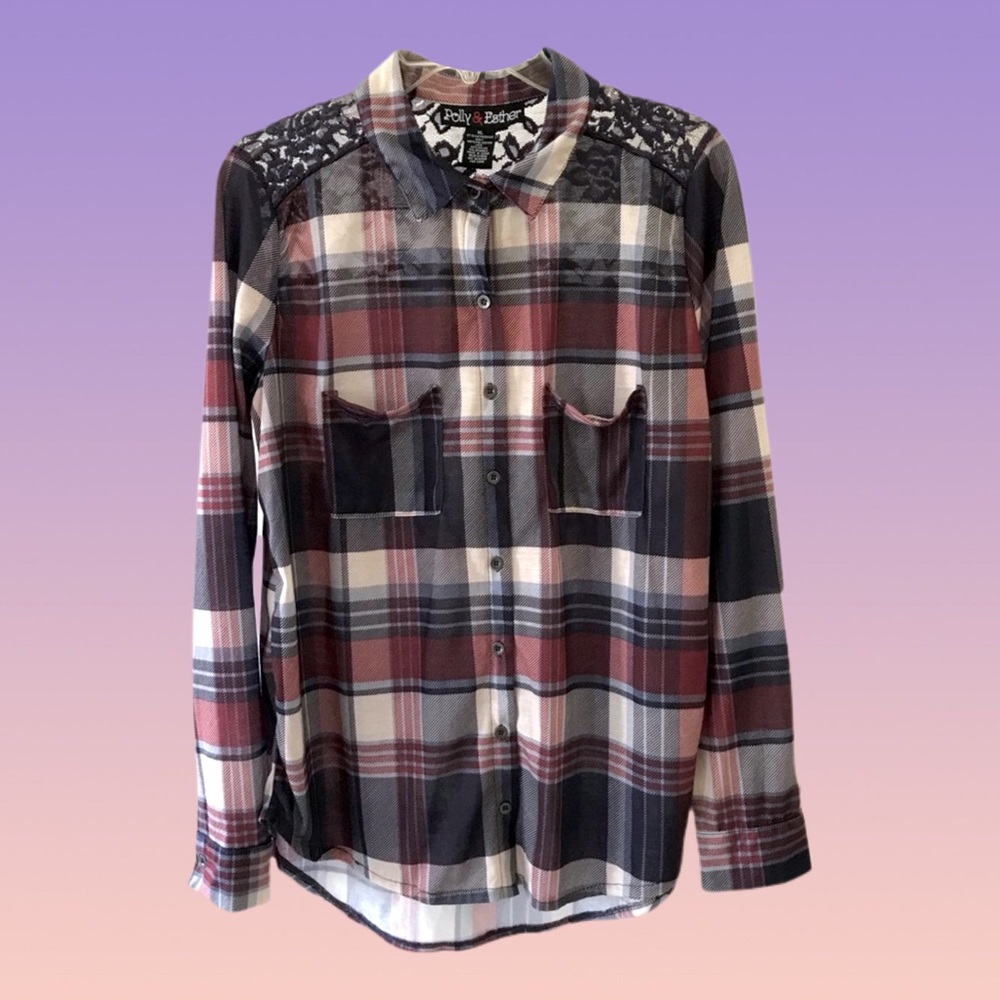 Polly & Esther plaid button down long sleeve top